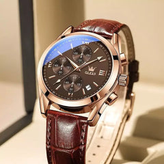 OLEVS 2872 Classic Leather Quartz Watch Gift Round-dial Leather Watchband