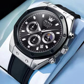 OLEVS 9911 Sport Quartz Watch Gift Round-dial Silicone Watchband - Black and Siver