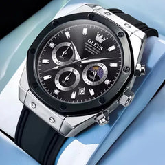 OLEVS 9911 Sport Quartz Watch Gift Round-dial Silicone Watchband - Black and Siver