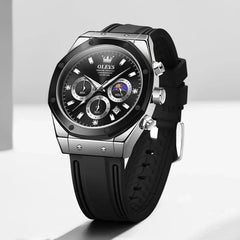OLEVS 9911 Sport Quartz Watch Gift Round-dial Silicone Watchband - Black and Siver