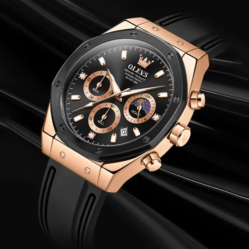 OLEVS 9911 Sport Quartz Watch Gift Round-dial Silicone Watchband Wristwatch Moon