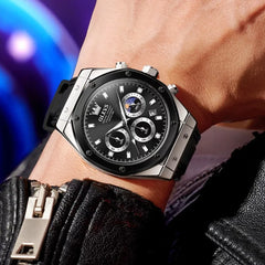 OLEVS 9911 Sport Quartz Watch Gift Round-dial Silicone Watchband - Black and Siver