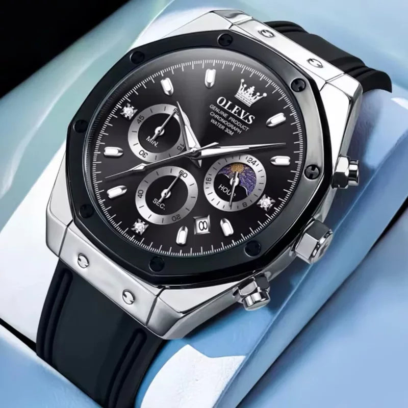 OLEVS 9911 Sport Quartz Watch Gift Round-dial Silicone Watchband - Black and Siver